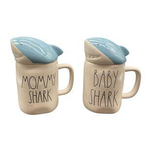 VTG Rae Dunn Shark Mug Set With Lids - Mommy Shark & Baby Shark - 7" H Set Of 2